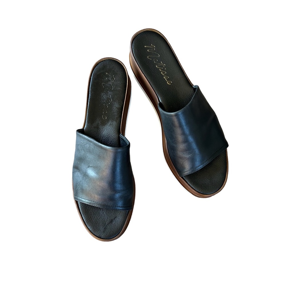 Matisse Black Leather Slide Wedge Sandals